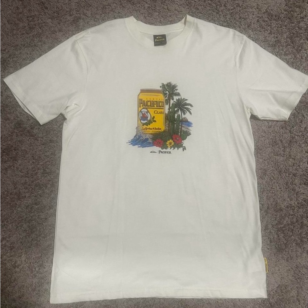 Pacifica White Tee with Tropical Graphic